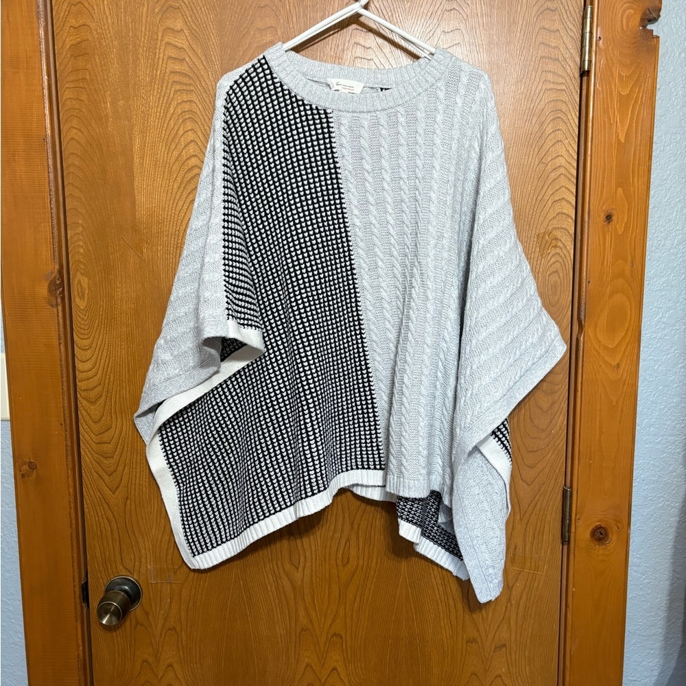 Light Gray & Black Cable-Knit Poncho Sweater